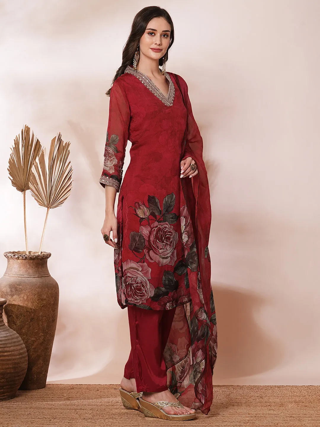 Abstract Printed & Embroidered Straight Fit Kurta with Pant & Dupatta - Red