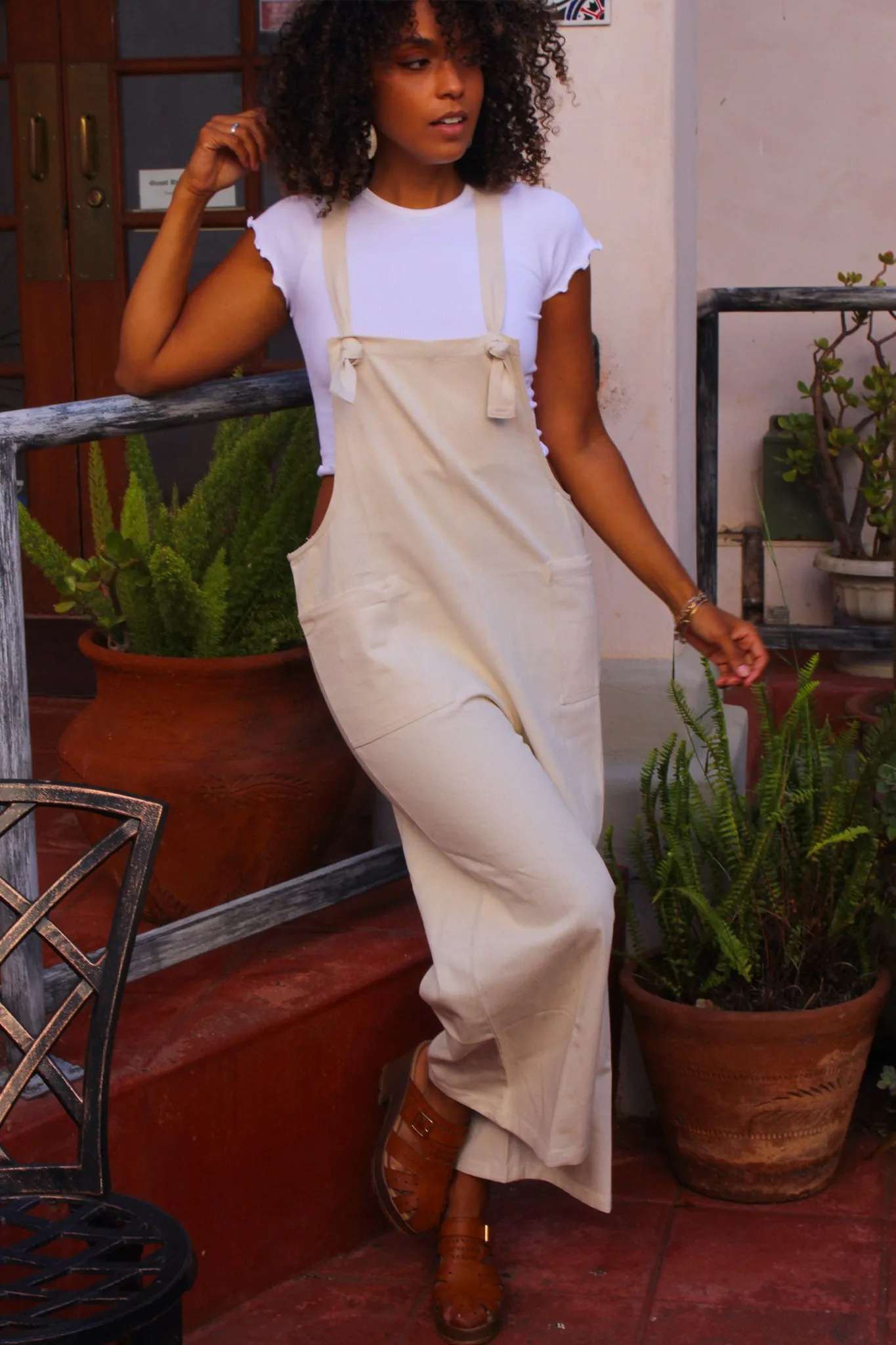 Found My Friend Wide Leg Knot Detail Canvas Overall - Oatmeal