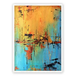 Framed vertical blue, black & orange abstract seascape wall art print