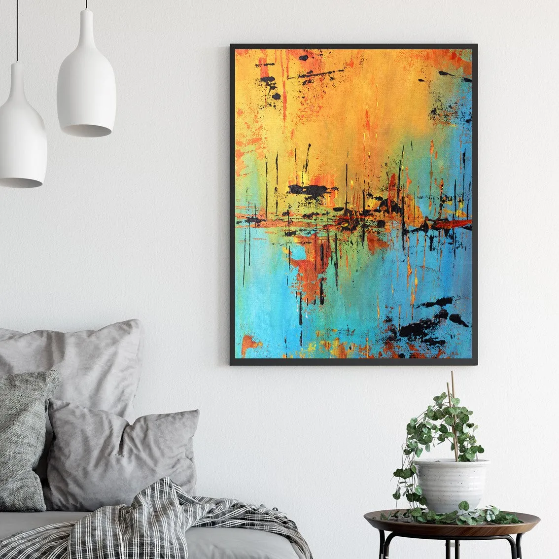 Framed vertical blue, black & orange abstract seascape wall art print