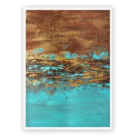 Framed vertical teal blue & gold abstract wall art print