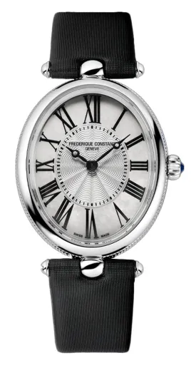 Frederique Constant Womens Quartz Watch - Classics Art Deco Style with Oval Stainless Steel Case, Black Satin Strap and Mother-of-Pearl Dial - FC-200MPW2V6