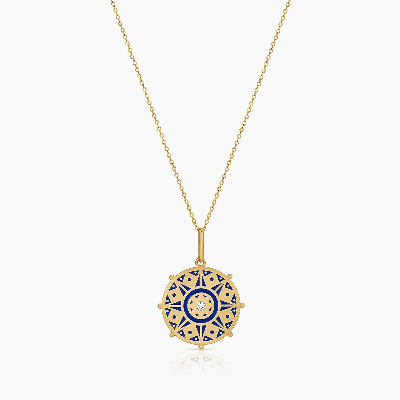 Karmic Wheel Blue Enamel Necklace