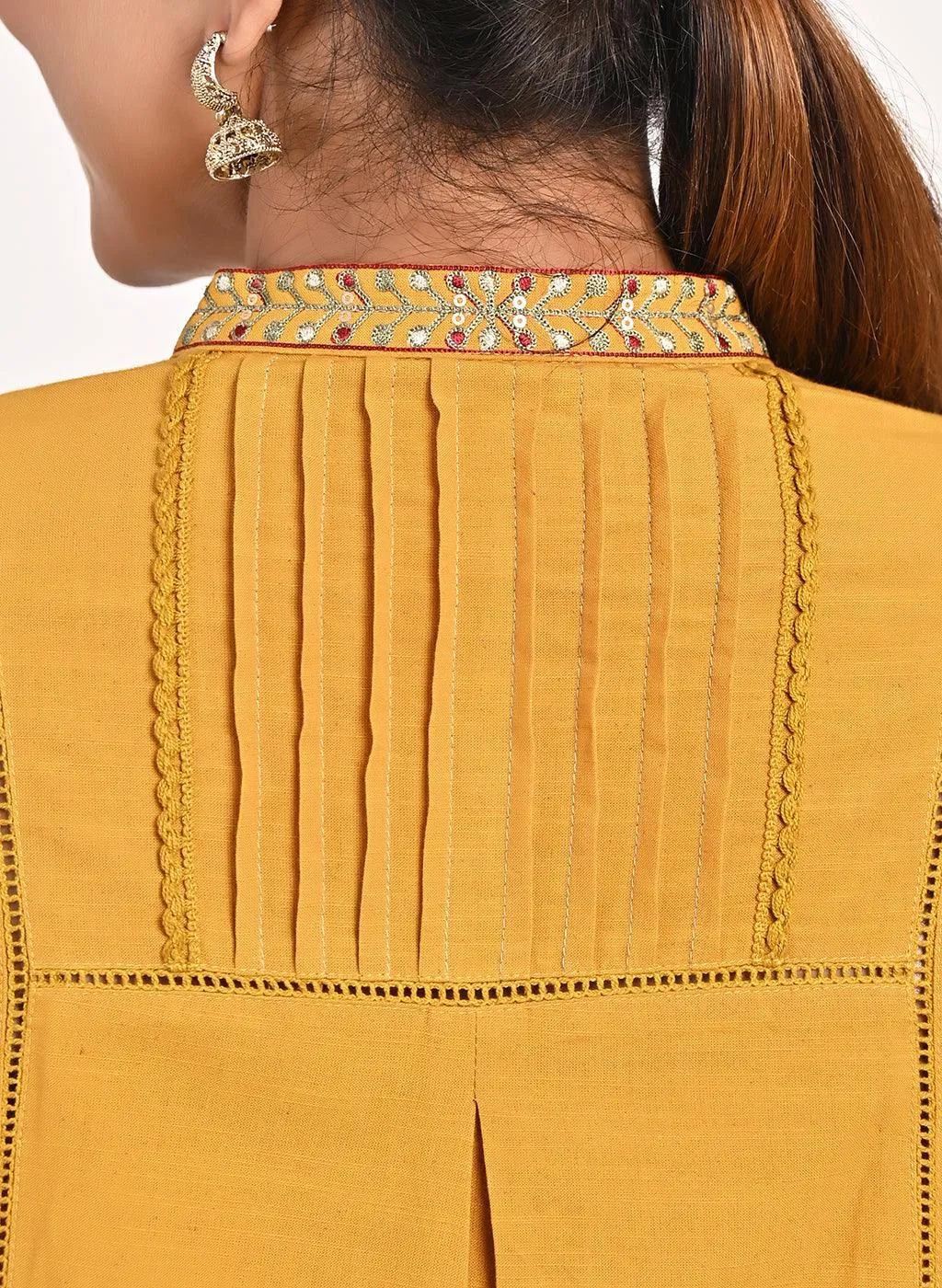 Mustard Embroidered Band Collar Tunic with Front Yoke Embroidery