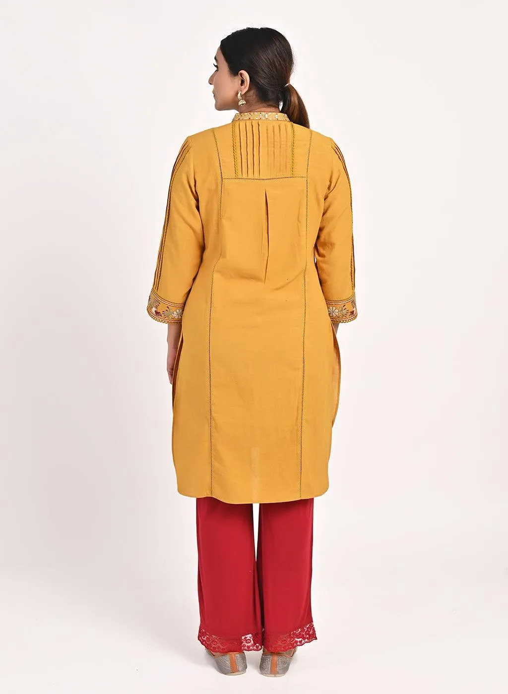 Mustard Embroidered Band Collar Tunic with Front Yoke Embroidery