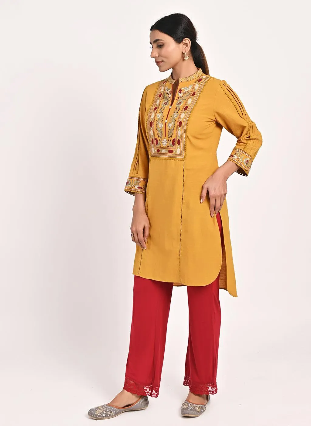 Mustard Embroidered Band Collar Tunic with Front Yoke Embroidery