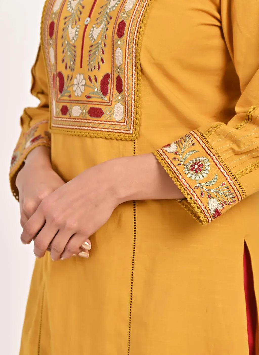 Mustard Embroidered Band Collar Tunic with Front Yoke Embroidery