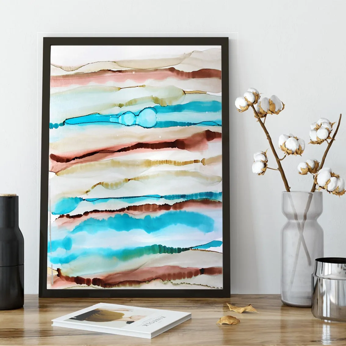 Vertical blue & brown abstract alcohol ink art print