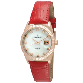 Women 36mm Red Fluted Bezel Watch with Leather Strap